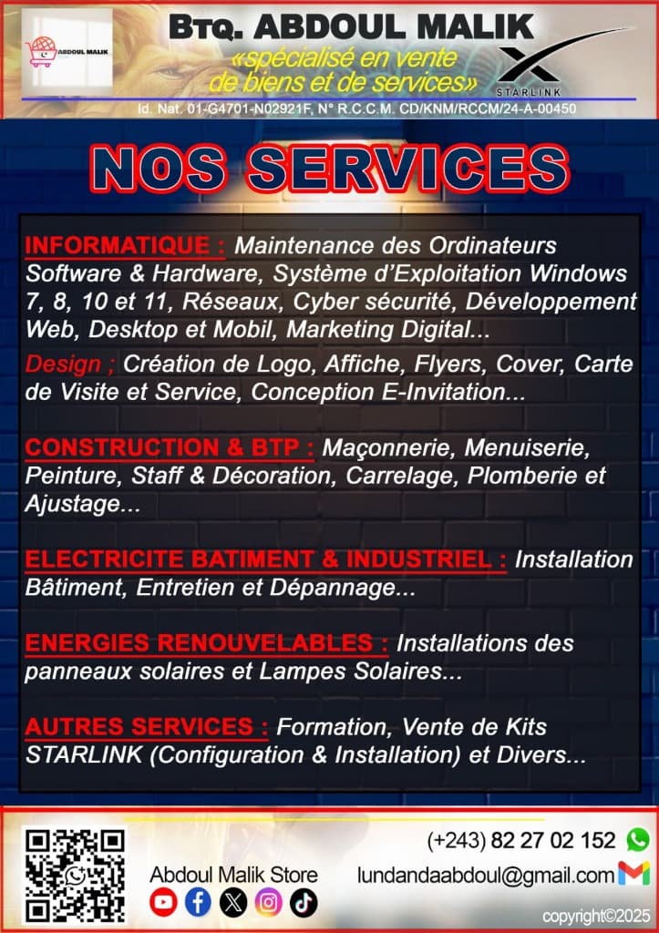 Affiche Officielle Nos Services Abdoul Malik Store